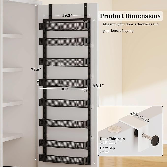 8-Tier Over the Door Pantry Organizer with Adjustable Baskets | Over the Door Spice Rack, Wall-Mounted or Hanging Shelves for Kitchen, Laundry Room, Bathroom(Black,19.3"W x 5.2"D x 72.6"H) - Image 2