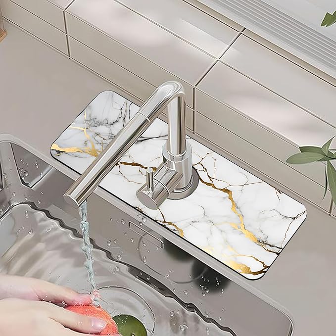 Faucet Mat for Kitchen Sink White Gold Marble Texture Sink Splash Guard Behind Faucet Soft Diatom Mud Material Non-slip Easy to Clean for Bathroom & Kitchen 15"X5.5" - Image 6