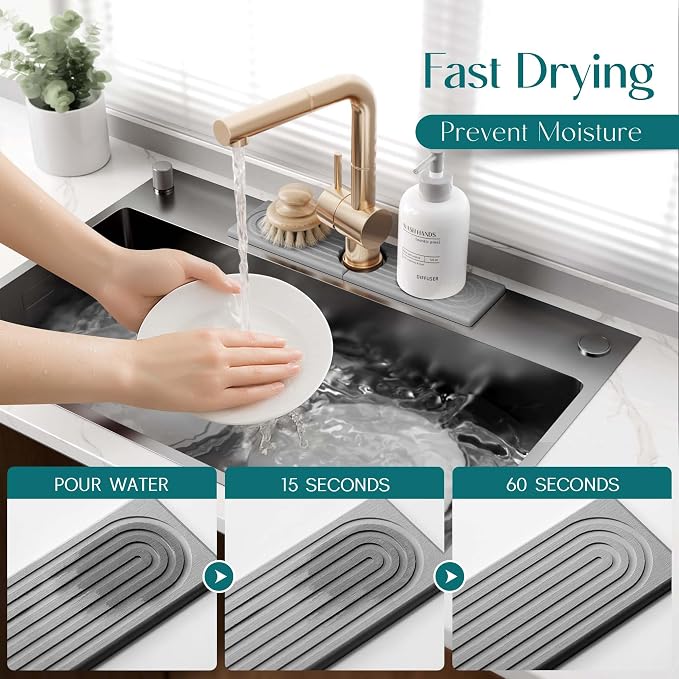 Kitchen Sink Faucet Mat - 15.7in Diatomite Sink Protectors for Kitchen Sink, Stone Sink Splash Guard for Kitchen Counter Sink Accessories (Grey, 15.7'' x 3.9'') - Image 3