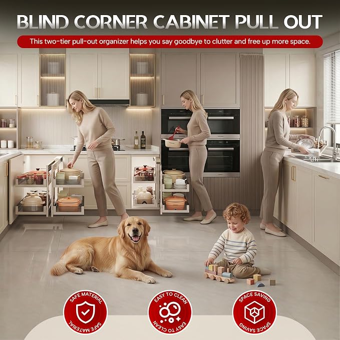 Blind Corner Cabinet Pull Out Organizer, Heavy-Duty Magic Corner Shelves with Soft Close, 2-Tier Full Extension Baskets for 13",14.1",15.3",16.9" Kitchen Cabinets, Left & Right Compatible - Image 7
