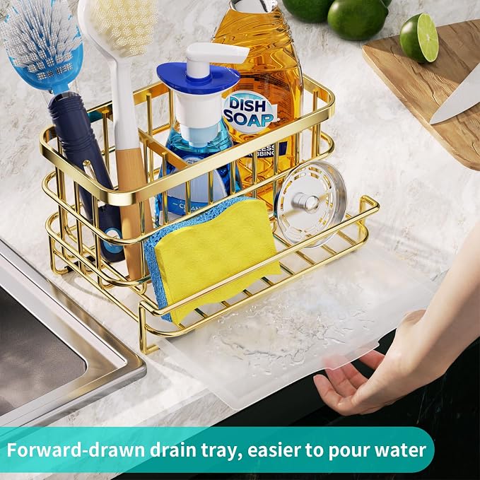 HapiRm Multifunctional Kitchen Sink Organizer with Removable Drain Tray, Quick Draining Rustproof Sink Caddy, Stainless Steel Kitchen Sponge Holder for Holds Sponge, Cleaning Towel and Scrubber - Gold - Image 4