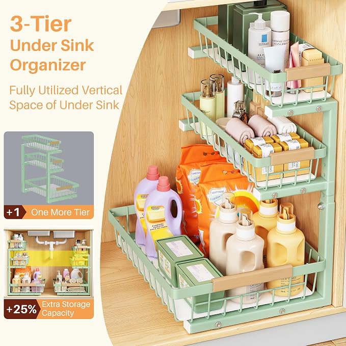 PXRACK Under Sink Organizer, 2-Pack 3-Tier Height Adjustable Thickened Metal Pull out Cabinet Organizer Shelf, Slide out Storage Drawer Rack for Bathroom Kitchen Pantry Home Organization, Green - Image 3