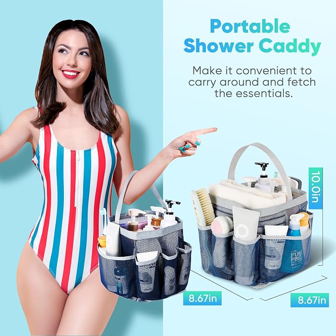 EUDELE Mesh Shower Caddy Portable for College Dorm Room Essentials,Portable Shower Caddy Dorm with 9-Pocket Large Capacity, Shower Bag for Beach, Swimming, Gym, Travel essentials, Navy Blue-Grey - Image 3