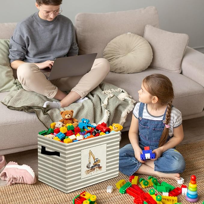 Rustic Construction Vehicle Storage Bins Boxes Handles | grey striped nursery foldable basket for organizing bedroom toddler playroom - Image 4