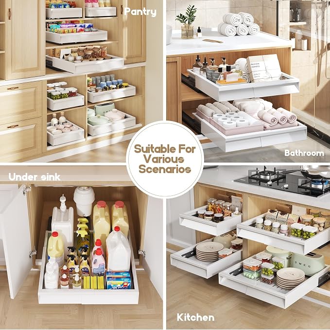 Seinloes Pull Out Cabinet Organizer, 4-Side Expandable to Fit Most Cabinets, 3 Rail Slide Out Drawers with Raising Pad for Framed & Frameless Cabinets, 11"-16" W x 13"-17" D, White, 2 Pack - Image 7
