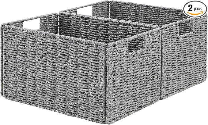 Wicker Storage Basket, Set of 2 Hand-Woven Paper Rope Wicker Basket, Small Storage Baskets for Organizing Toilet Paper Basket, Foldable Large Cube Storage Organizer Bins for Shelves (Grey) by Vagusicc