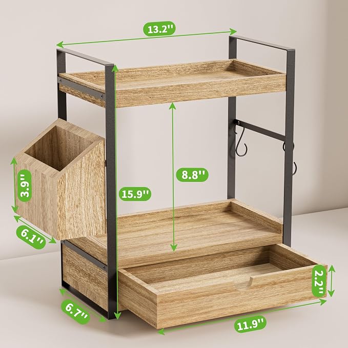 2-Tier Bathroom Counter Organizer, Wooden Vanity Shelf with Drawer & Basket | Pre-Drilled Holes, Skincare & Makeup Countertop Organizer and storage - Image 2
