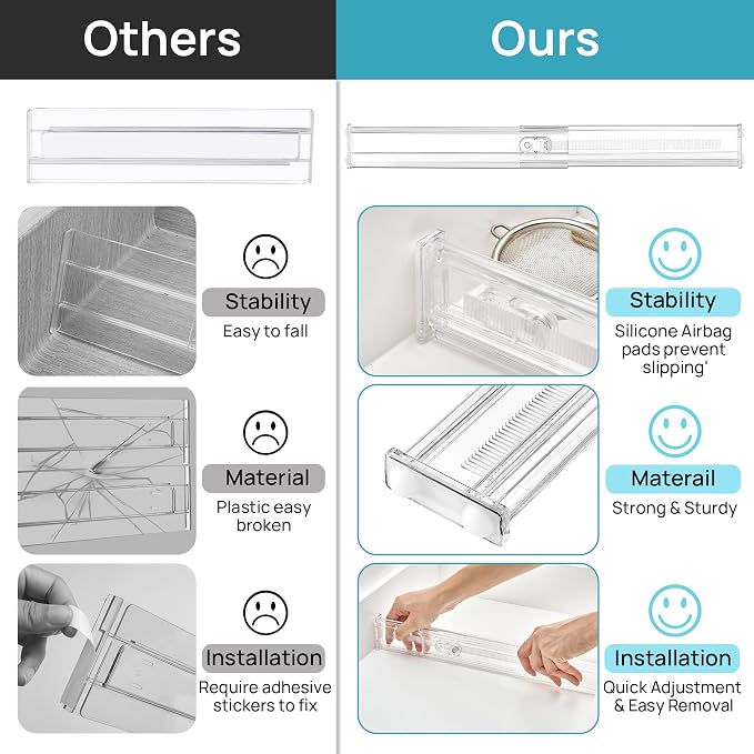 Vtopmart 2.36" Short Upgrade Drawer Dividers 12.8"-22.3" Expandable 8 Pack | Adjustable Kitchen Drawer Organizer, Clear Plastic Separator for Flatware, Utensils, Cutlery, Underwear Storage, Space Saving - Image 9