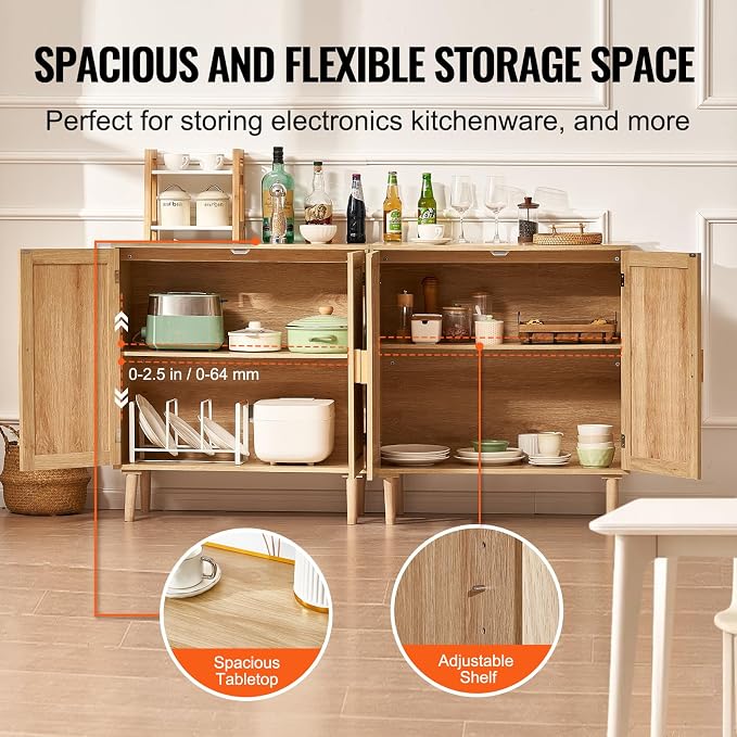 VEVOR Rattan Buffet Cabinet with Storage, 4 Magnetic Doors and Adjustable Shelves, Sideboard for Hallway, Living Room, Kitchen, Natural - Image 6