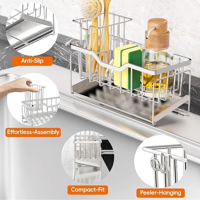 StorageRight Sponge Holder for Kitchen Sink, Sink Caddy Organizer, Silver | Rustproof Kitchen Sink Organizers with High Brush Holder & Self Drain Tray, Anti-Slip Kitchen Countertop Storage Essentials - Image 2