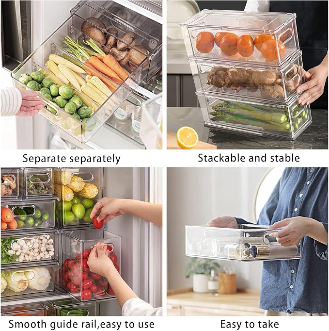 MANO Fridge Drawer Pull Out Stackable Bins with Handle Clear Refrigerator Drawers Organizer Food Storage Container Box with Dividers Plastic Produce Saver for Pantry, Cabinet, Kitchen, Clothes（4Pack） - Image 3