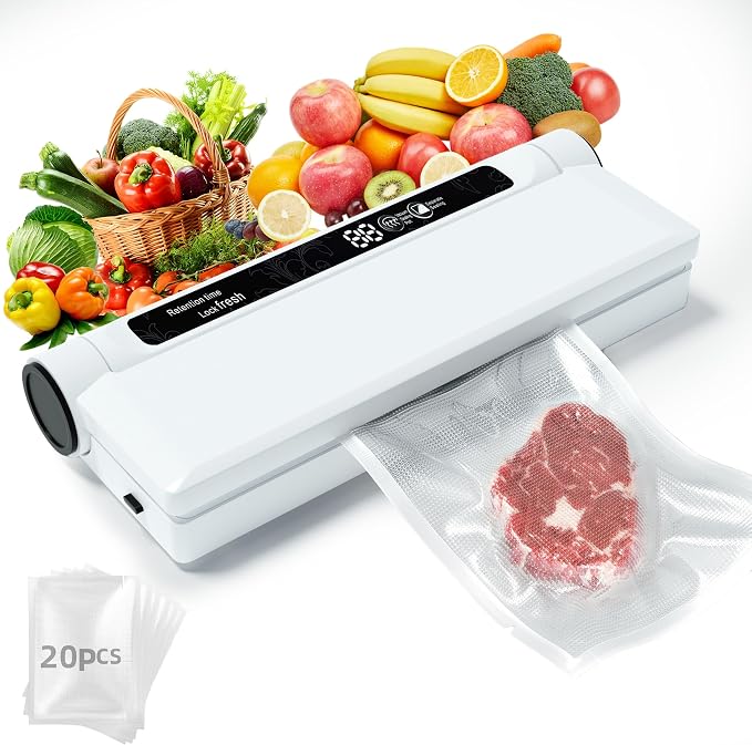 Compact Vacuum Sealer for Food, 75Kpa Food Sealer Machine | 75 Kpa Strong Suction, LED Display, Dual Use for Dry & Wet Foods, with 20 Bags, Ideal for Home Kitchen, White by Unknown