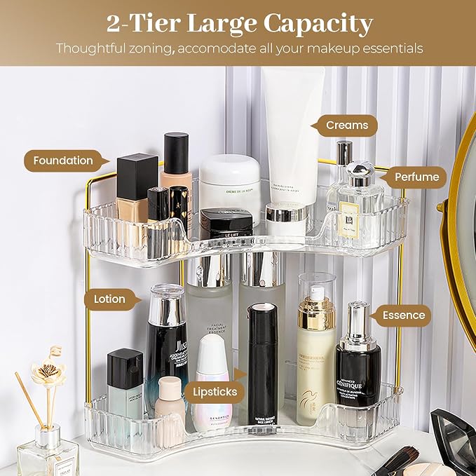 Aveniee Corner Bathroom Counter Organizer, Bathroom Countertop Shelf Makeup Organizer for Vanity Perfume Tray for Corner Storage (2 Tiers, White) - Image 2