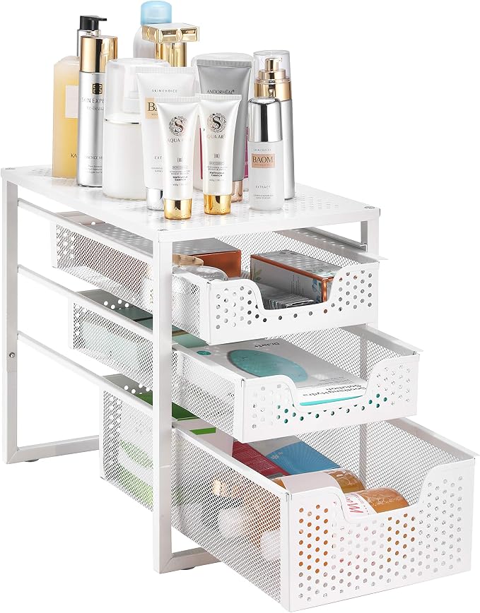 Simple Trending Under Sink Organizer 3-Tier with Sliding Storage Drawer | Multi-Purpose Desktop Organizer, Metal Cabinet Organizer for Kitchen Bathroom Office, Stackbale, Space Saving, White - Image 4