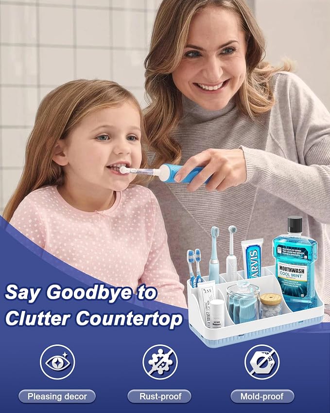 Bathroom Counter Organizer and Storage with 2 Pack Qtip Holder Dispenser, 7 Slots Detachable Toothbrush Holders for Bathrooms, Anti-Slip Electric Toothbrush and Toothpaste Holder Countertop - Image 3