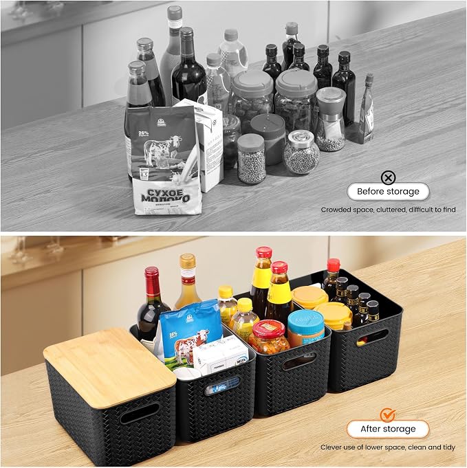 Ohmlove 4 Pack Storage Bins with Bamboo Lids,Stackable Box for Organization | Plastic Storage Containers with Handle, Storages Baskets for Organizing Desktop Closet Playroom Classroom Office, Black - Image 4