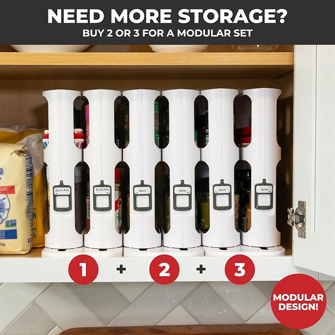Spice Rack Organizer for Cabinet, Pull & Rotate, 2-Tier | Double-Decker Shelves, 10.8"H x 5.25"W x 10.8"D, Modular Side-By-Side, Non-Skid Feet, Stick-On Labels, Sturdy Build - Image 11