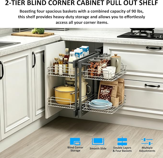 HANKEY Blind Corner Cabinet Pull Out Organizer Magic Corner Kitchen Cabinet Pull Outs shelves Storage 2 Tier Left & Right Compatible Min Opening 15in Soft Close, Heavy Duty Metal - Image 2