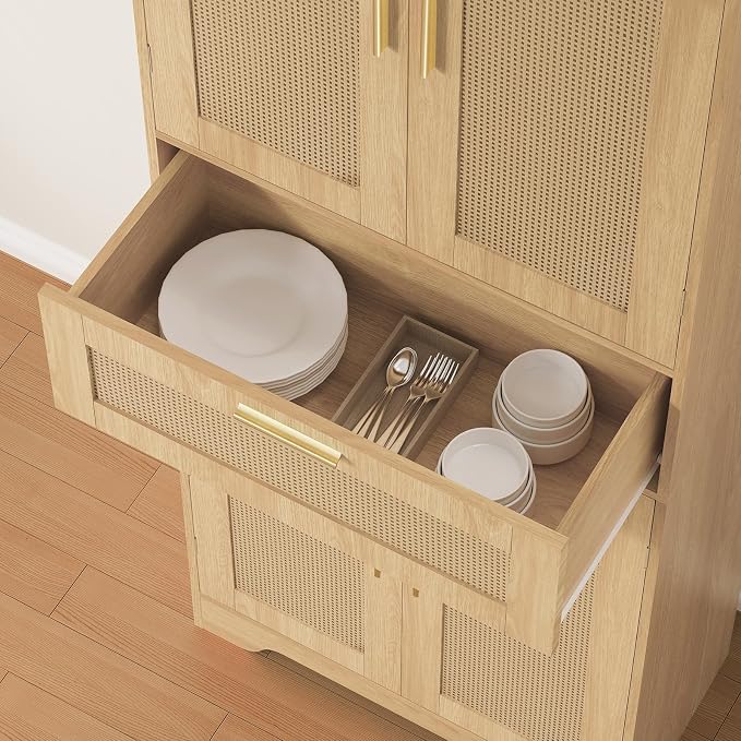 Iwell Tall Storage Cabinet with 2 Adjustable Shelves & Large Drawer, Rattan Cabinet with 4 Doors, Pantry Cabinets for Dining Room, Living Room, Home Office, Natural - Image 6