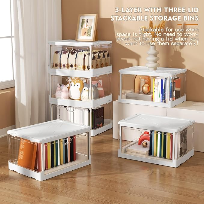 Kmiectse Clear Storage Bins with Lids 3 Pack 【Stackable & Sturdy】 | Plastic Multifunctional Folding Storage Bins for Bedroom, Living Room, Study,Room, 23 QT Folding Box with Magnetic Door - Image 3