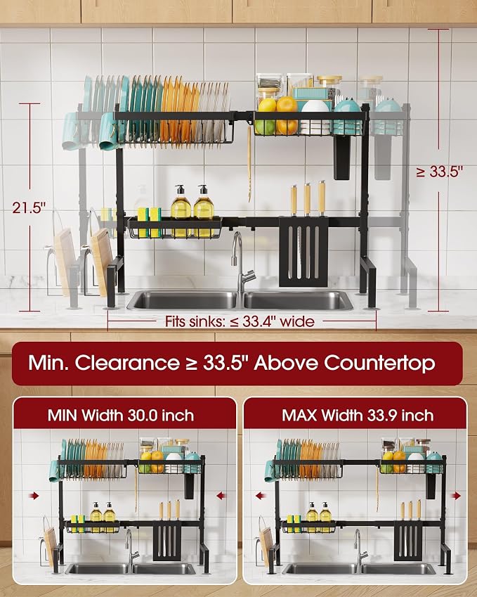 Sakugi Over The Sink Dish Drying Rack - Adjustable 2 Tier Large Capacity Stainless Steel Drainer with Cutlery & Utensil Holders, Kitchen Storage & Organization, 30"-33.9" L x 11" W x 21.5" H, Black - Image 3