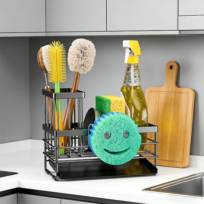 Cisily Sink Caddy Sponge Holder for Kitchen with Brush Holder and Stainless Steel Self Drain Tray, Rustproof Kitchen Sink Organizer for Sponge, Soap Dispenser Storage Accessories - Image 4