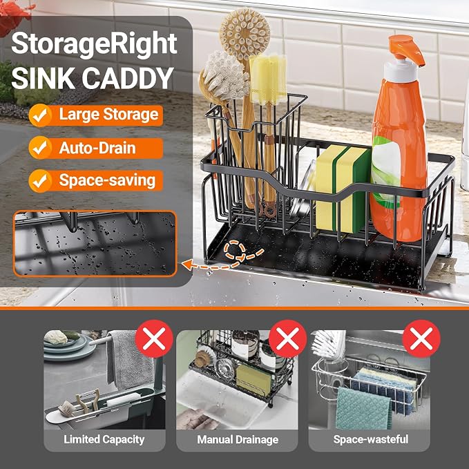 StorageRight Sponge Holder for Kitchen Sink, Stainless Sink Caddy Organizer | Rustproof Kitchen Sink Organizers with High Brush Holder & Self Drain Tray, Anti-Slip Kitchen Countertop Storage Essentials - Image 4
