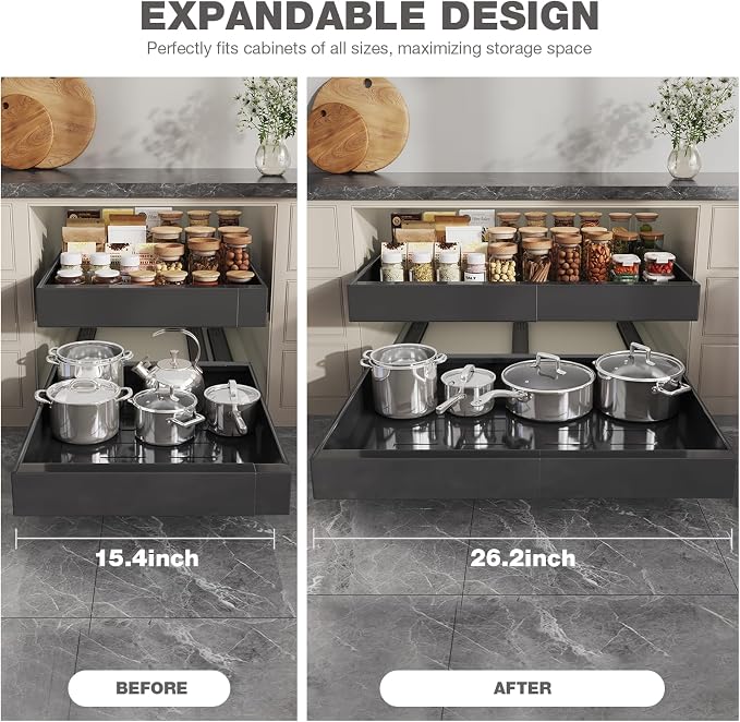 Seinloes 4 Pack Pull Out Cabinet Organizer 21" Deep,Full Extension 3 Slide Rails Slide Out Drawers With Raising Pad for Framed Cabinets,Expandable Width (15.4"-26.2"),No Drill Roll Out Shelves,Black - Image 8