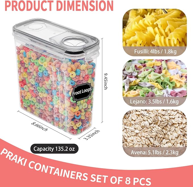 PRAKI Cereal Containers Storage Set (4L,135.2 Oz), 8PCS Airtight Food Storage Containers with Lids for Kitchen & Pantry Organizers and Storage, Cereal Dispensers with 20 labels, Measuring Cup & Marker - Image 2