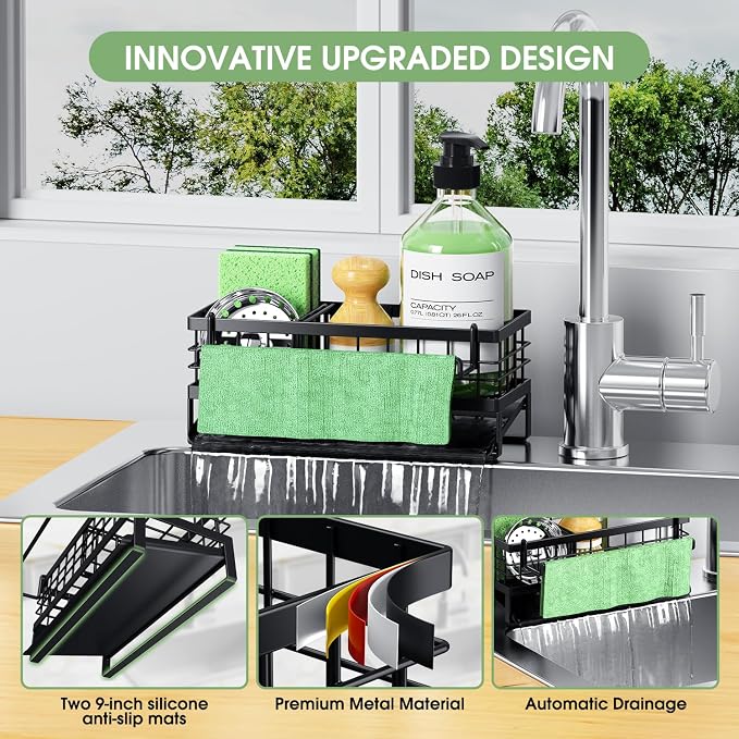 Self-Draining Kitchen Sink Caddy, Rustproof Non-Slip Metal Sponge Holder with Detachable Dish Cloth Holder (Black) - Image 4