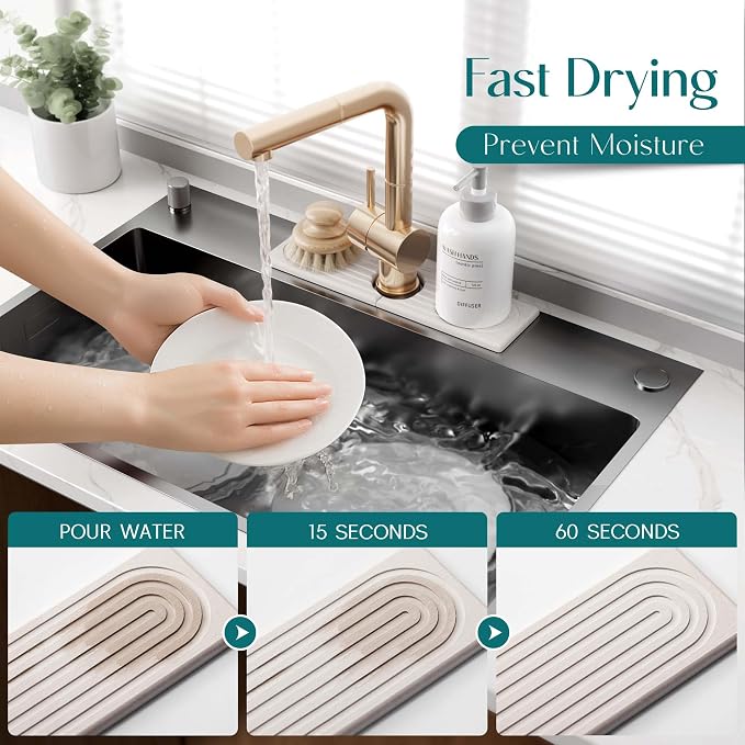 Diatomite Kitchen Faucet Mat - 14Inch Water Absorbing Stone Tray for Sink, Stone Fast-Drying Faucet Mat for Kitchen Counter Sink Accessories (Light Grey, 14'' x 3.9'') - Image 3