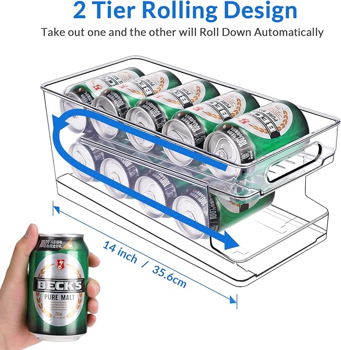 Rolling Soda Can Organizer for Refrigerator Can Dispenser for Beer Soda Seltzer Pop Can Soda Organizer for 10 Standard Size 11.15oz or 12oz Cans Holder Storage Pantry Organization - Image 2
