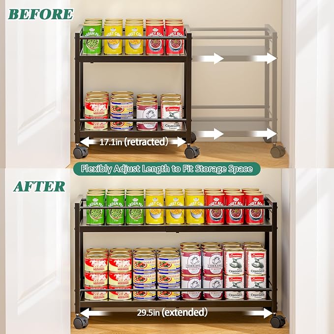 2 Pack 2-Tier Expandable Rolling Pantry Cart with Wheels, Adjustable Floor Organizer for Kitchen Pantry, Can Organizer for Pantry, Storage Cart for Snack, Food, Vegetables, Black, Patent Pending - Image 5