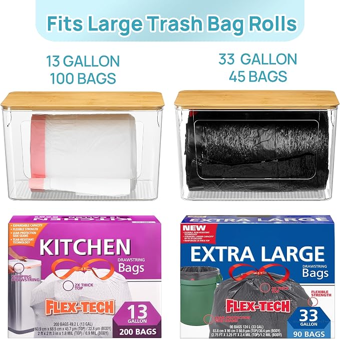 Vtopmart 2 Pack Trash Bag Holder with Bamboo Lid, Garbage Bag Dispenser | Stackable Trash Bag Organizer for 13/30/33 Gallon Bags, Clear Organizer Bins for Under Sink, Laundry Room Organization - Image 3