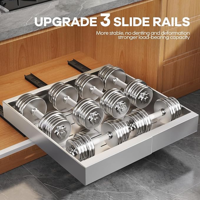 Seinloes 2 Pack Expandable Pull Out Cabinet Organizer 21"Deep With Raising Pad for Framed Cabinets,Upgrade 3 Slide Rails Slide Out Drawers,Roll Out Shelves Adhesive,Adjustable Width 15.15"-26.3"Silver - Image 4