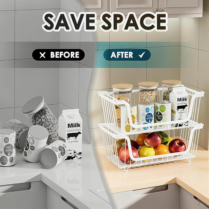 4 Pcs Stackable Wire Baskets for Pantry Organizers and Storage, | Vegetable Fruit Basket for Countertop,Kitchen Storage Metal Baskets,Produce Potato Onion Storage Bin,White - Image 5