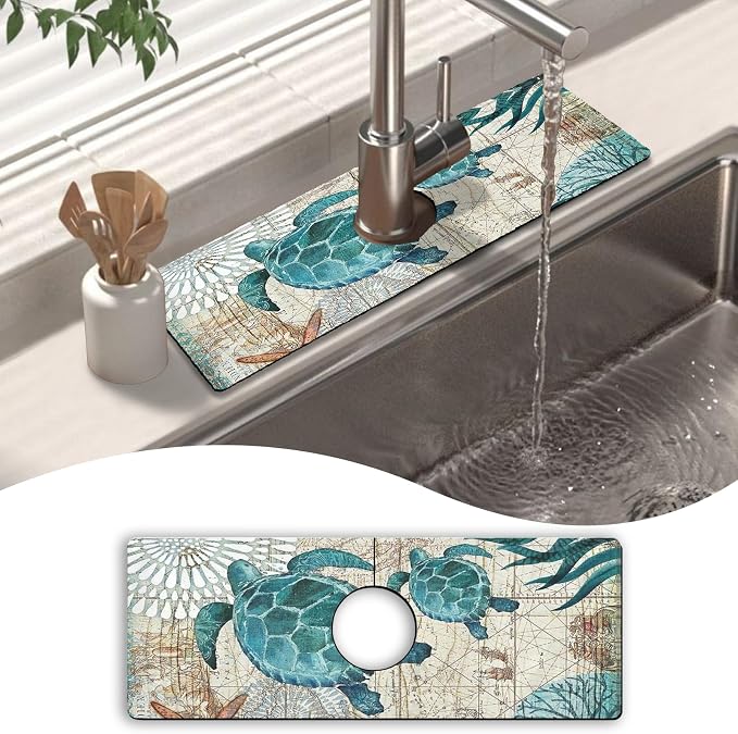 Kitchen Sink Splash Guard Faucet Mat 15" X 5.5" Sea Turtle Absorbent Fast Drying Mat Faucet Draining Mat Sink Splash Guard Behind Faucet Drip Catcher for Kitchen Bathroom by Unknown