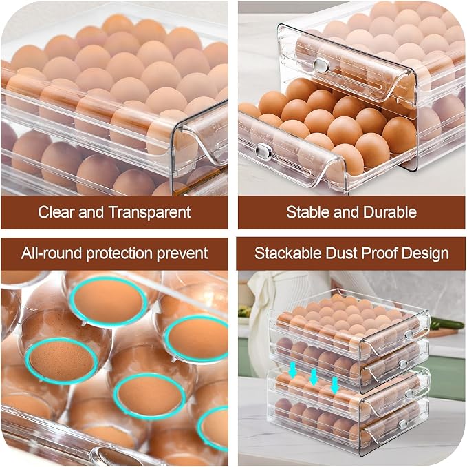 Egg Holder for Refrigerator,60 Eggs Clear Drawer Organizer | 2 Layer Stackable Egg Holder Egg Trays,Egg Storage Container with Time Scale for Fridge Countertop Cabinet - Image 2