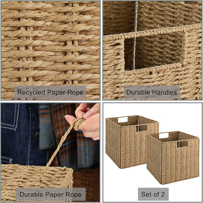 Wicker Storage Basket, Set of 2 Hand-Woven Storage Baskets for Shelves with Handles Foldable Cube Storage Baskets Bins, 9 inch Wicker Baskets for Pantry Bedroom Organizer &Decor, Natural - Image 5