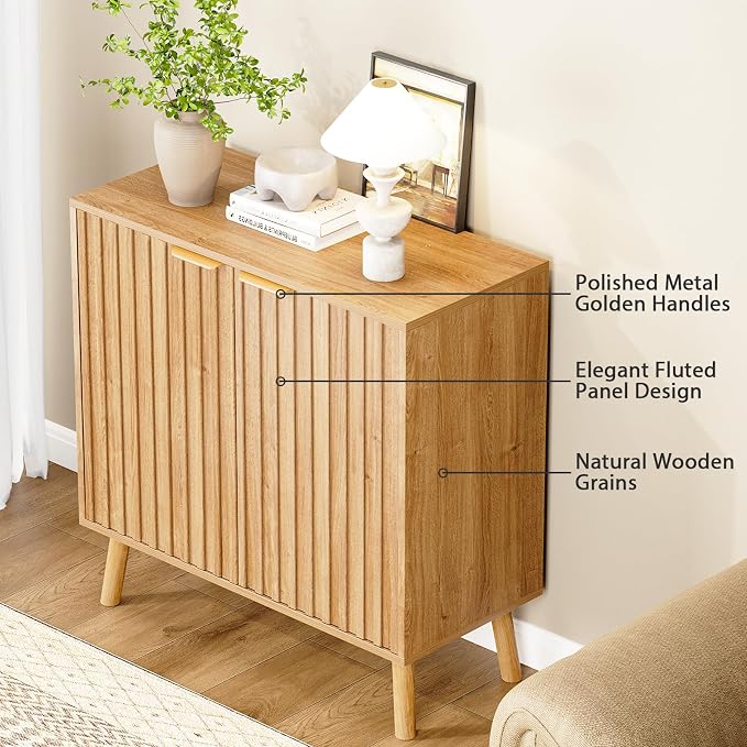 Set of 4 Fluted Storage Cabinet, Buffet Cabinet with Storage, Wood Sideboard with Adjustable Shelf, Modern Accent Cabinet & Console Table for Entryway, Living Room, Dining Room, Natural - Image 6