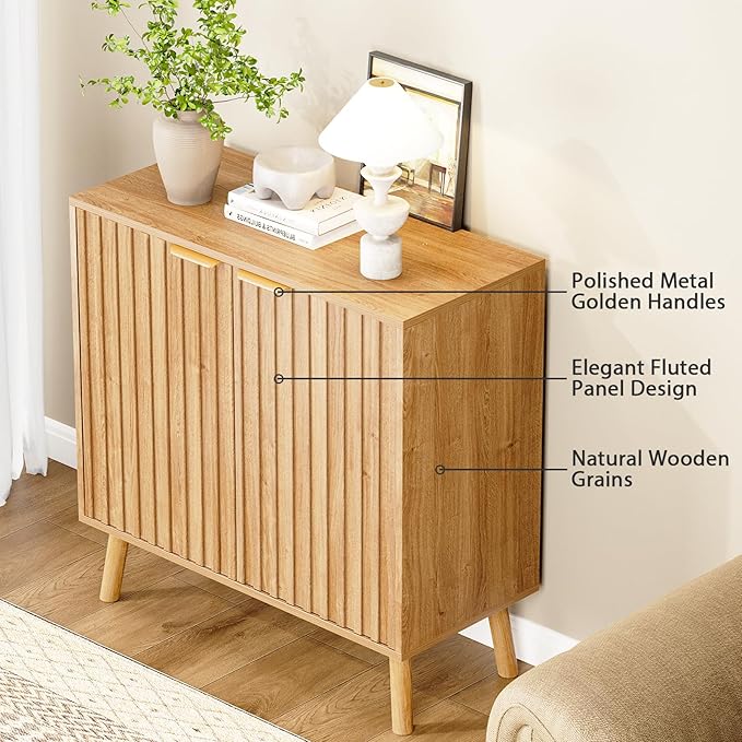 Set of 3 Fluted Storage Cabinet, Buffet Cabinet with Storage, Wood Sideboard with Adjustable Shelf, Modern Accent Cabinet & Console Table for Entryway, Living Room, Dining Room, Natural - Image 6
