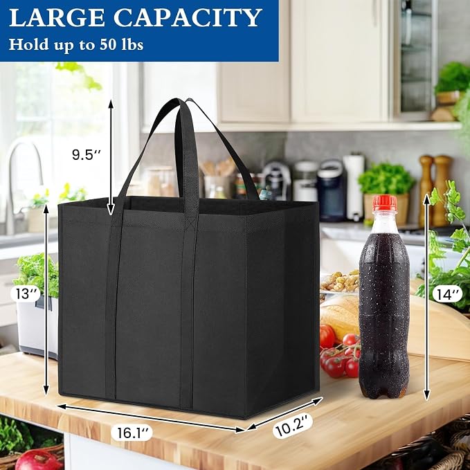 Reusable Grocery Shopping Bags 10 Pack Large Foldable Tote Bags Bulk | Eco Produce Bags with Long Handle for Shopping Groceries Clothes (Grey&Black) - Image 4
