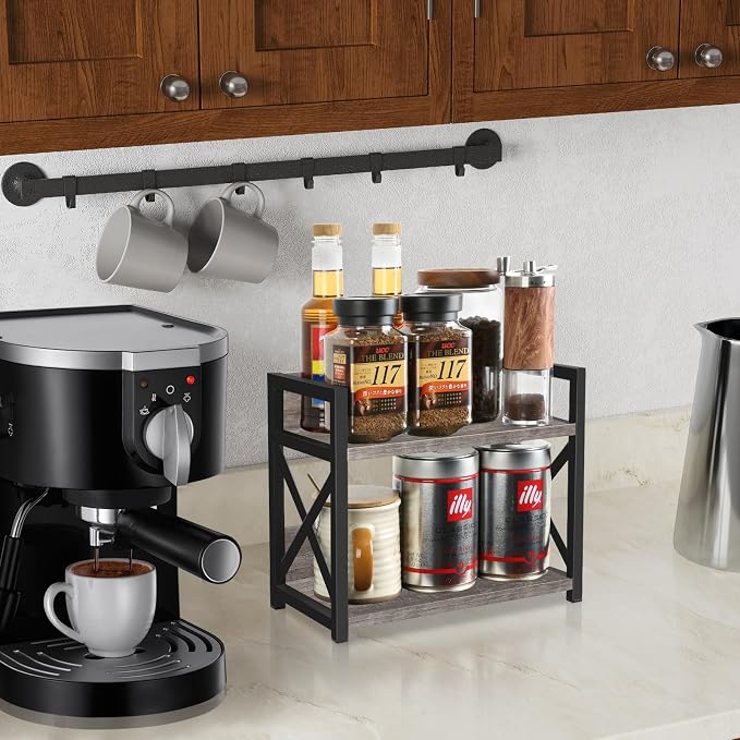 YINMIT Kitchen Countertop Organizer,Spice Rack,Coffee Bar Shelf Organizer | 2-Tier Coffee Station,Seasoning Storage,Syrup,Mug Cup,Bottle Holder,Bathroom Vanity,Pantry,Bedroom and Office,Grey,Small - Image 2
