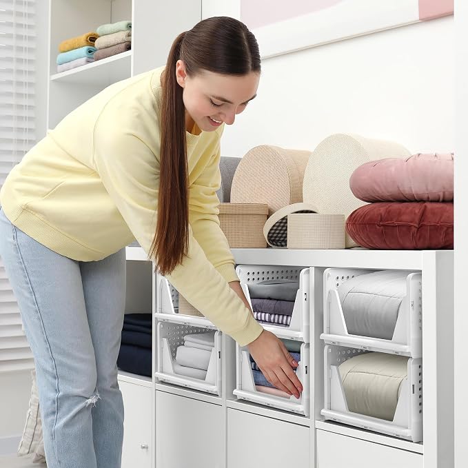 Sorbus 4 Pack Medium Shelf Organizer with Open Front Design Under Shelf for Closet Bathroom Kitchen Garage Plastic Stackable Storage Baskets - Image 7