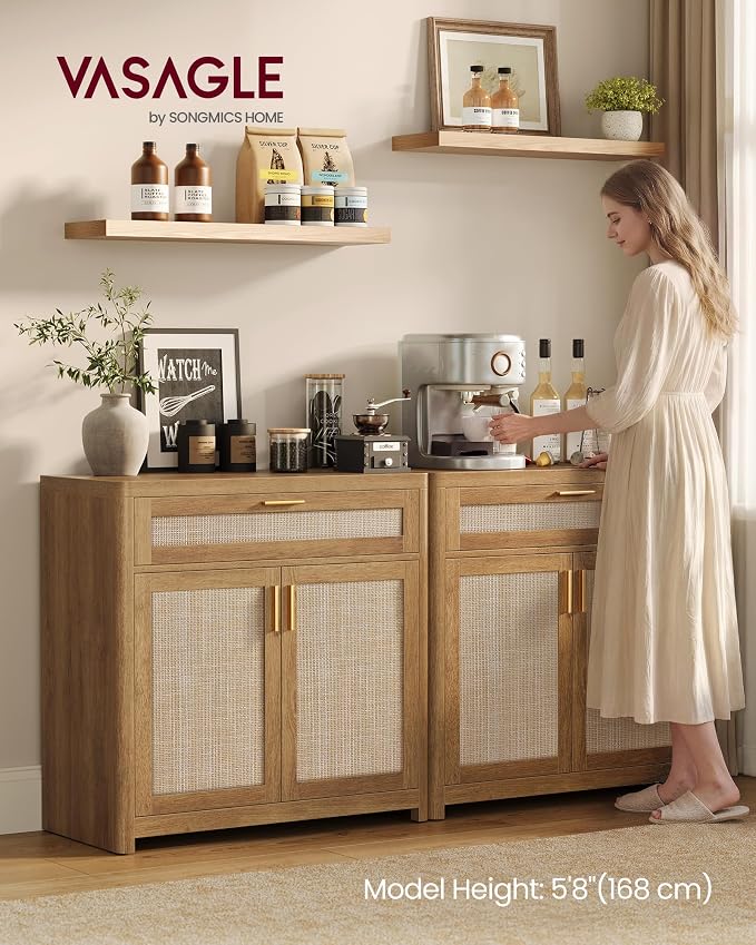 VASAGLE ELLAN Collection - Boho Buffet Cabinets with Rattan-Look Doors, Sideboard Storage Cabinet, Rounded Corners, Adjustable Shelf, Drawer, for Dining Room, Set of 2, Natural Brown UBBK601KC01-2J - Image 2