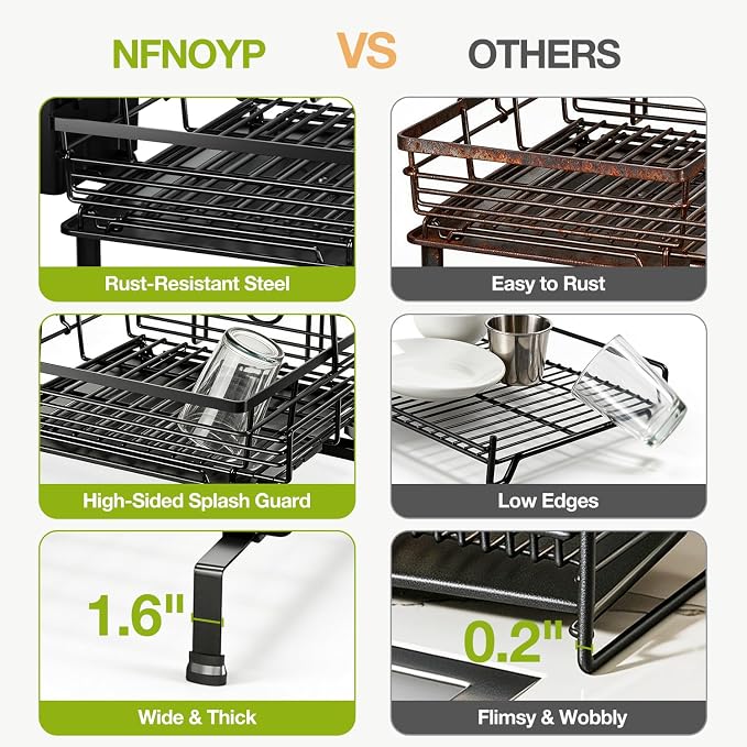 2-Tier Expandable Dish Drying Rack for Kitchen Counter, Black | Large Capacity Dish Rack Organization, Heavy-Duty Carbon Steel, 17 lbs Capacity, Swivel Drain Spout & Cup Hooks - Image 8