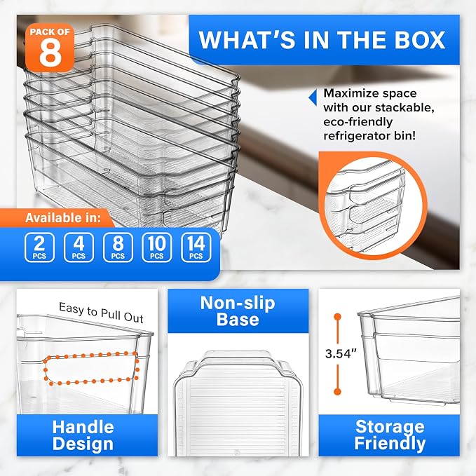 8-Piece Stackable Refrigerator Bin Organizer Set with Easy Grip Handles - Clear Multi-Purpose Storage Bins for Fridge and Pantry Use - Image 3