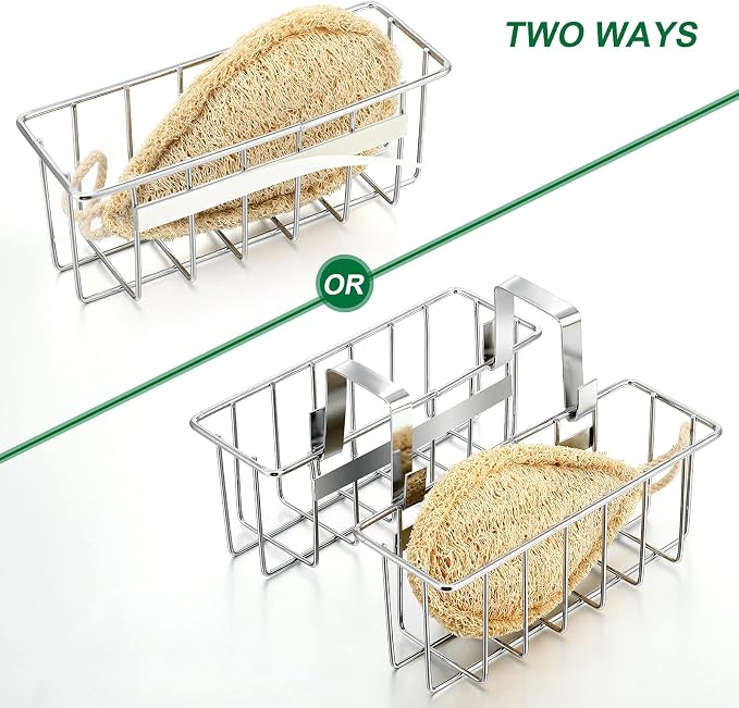 Hotop 2 Pieces Sponge Holder Kitchen Sink Caddy Metal Sink Organizer Basket for Scrubber Soap Towel Brush Dishwashing Liquid Drainer Rack in Kitchen Bathroom Bathtub, Silver - Image 2