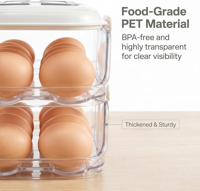 2-Tier Fridge Egg Organizer and Stackable Egg Container for Refrigerator with Dispenser Tray - Image 4