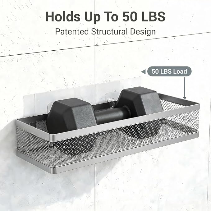 PUSDON 5-in-1 16.5" Extra Long Slim Wall Mount Wrapped Mesh Kitchen Organizer & Shower Caddy Kit, with Paper Towel Holder, Utensil Holder, Soap Dish, Holds 50LBS - Silver Gray, Netting - Image 4
